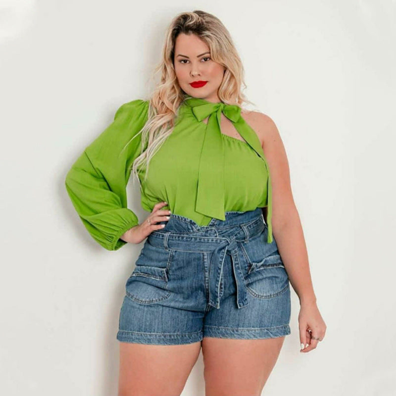 Solid-color Off-shoulder Long-sleeve T-shirt Plus-size Top
