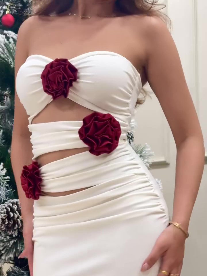 White Contrasting Three-dimensional Flower Tube Top Cutout Dress