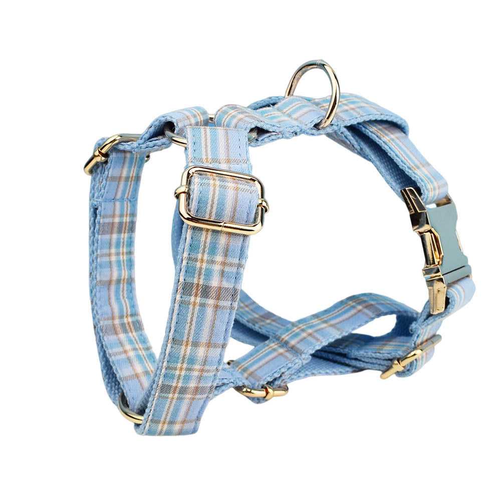 Sky Blue Grid Forest Series Dog Collar Traction Rope