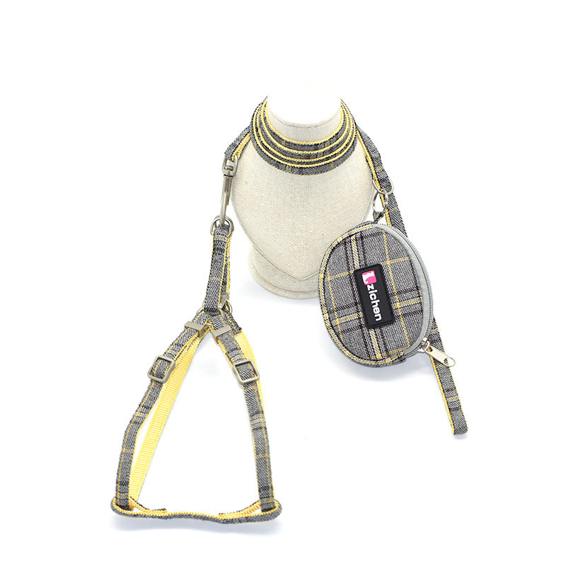 Cotton plaid pet leash collar with snack bag