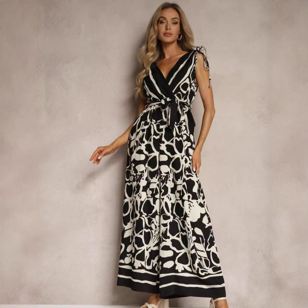 Women's Fashionable Casual V-Neck Printed Sleeveless Jumpsuit