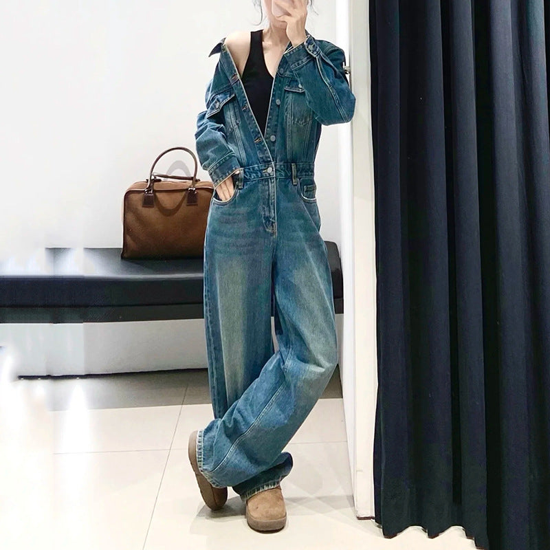 Women's Retro Washed Cotton High-Waist Straight-Leg Jumpsuit