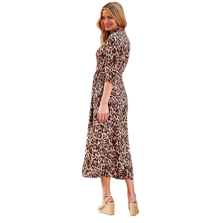 Women's Printed Buttoned Belt Slit Slim-fit Long-sleeve Dress