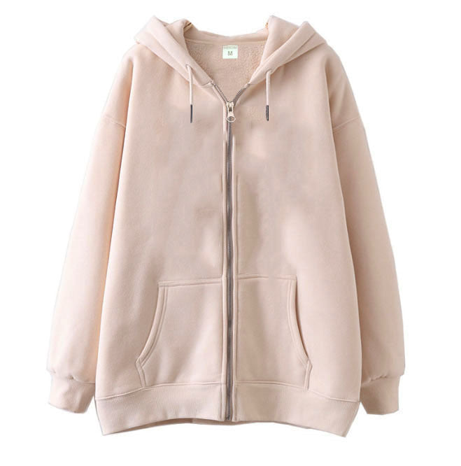 Full-zip Hoodie With Fleece-lined Solid-color Sweatshirt