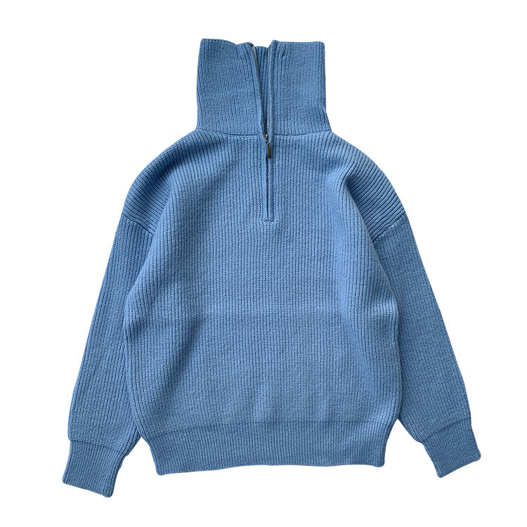 Women's Solid Color Loose Zipper Lapel Stand Up Sweater