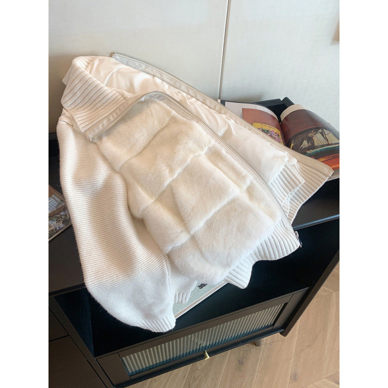 White Knitted Patchwork Mink-fur Cotton Coat