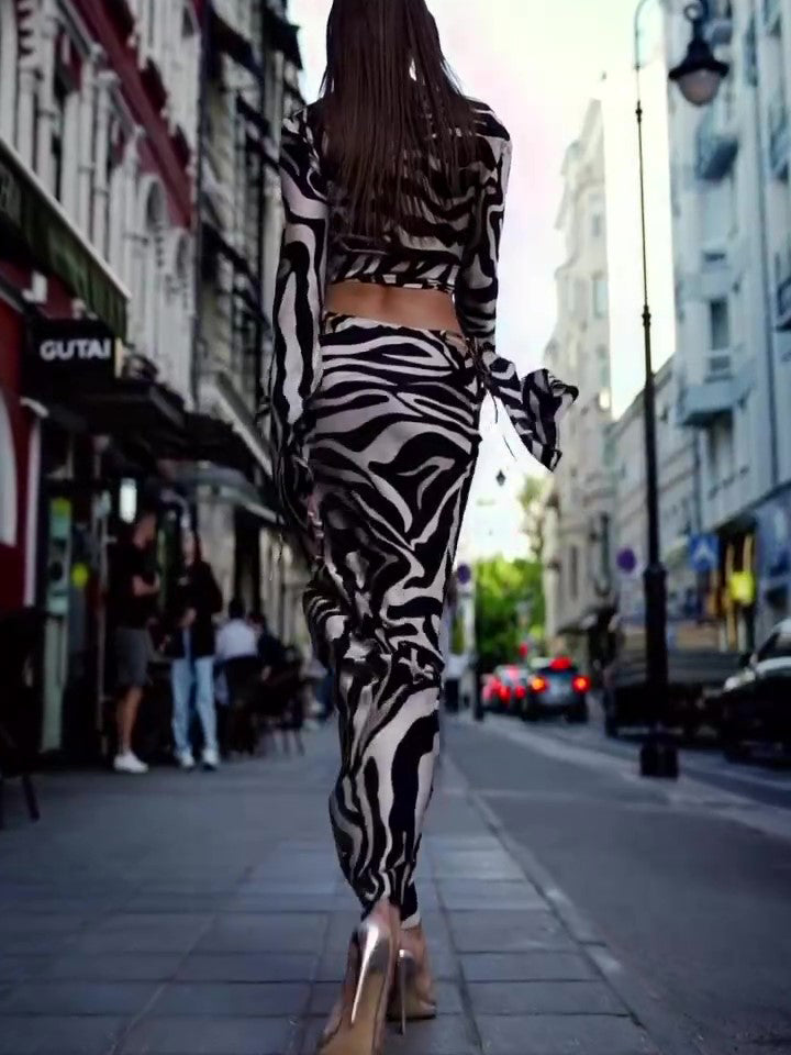 Zebra Print Crop Top Tunic Skirt Suit
