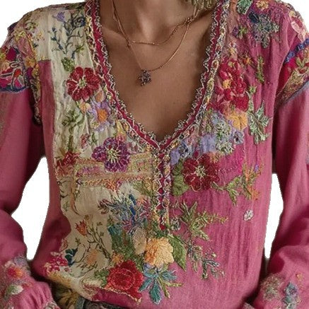 Artistic Printed Crew Neck Long-sleeve Blended Fabric T-shirt Blouse With Ethnic Style