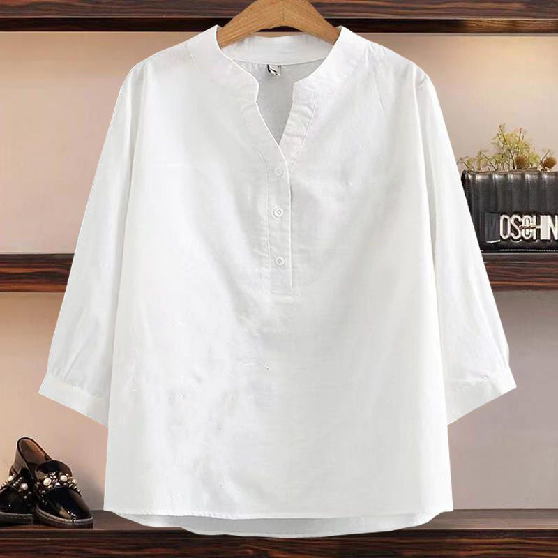 Loose Cotton Linen Top Three-quarter Color Shirt