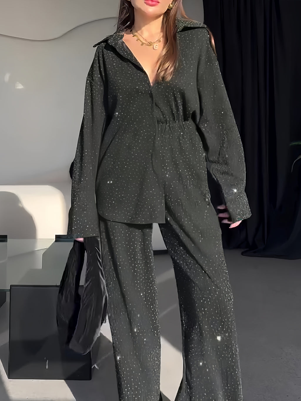 Casual Shiny Long-sleeved Shirt & Elastic Waist Long Pants Set
