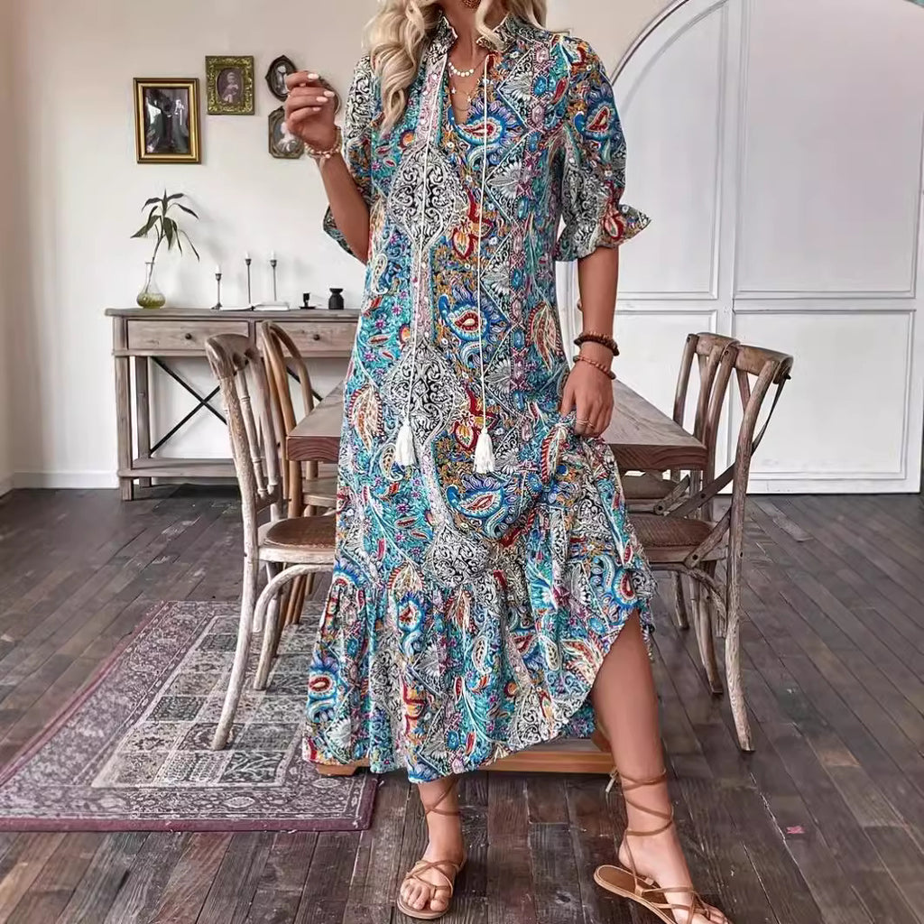 New Women's Fashion Printed Lace-up Mid-sleeve Ruffled Dress