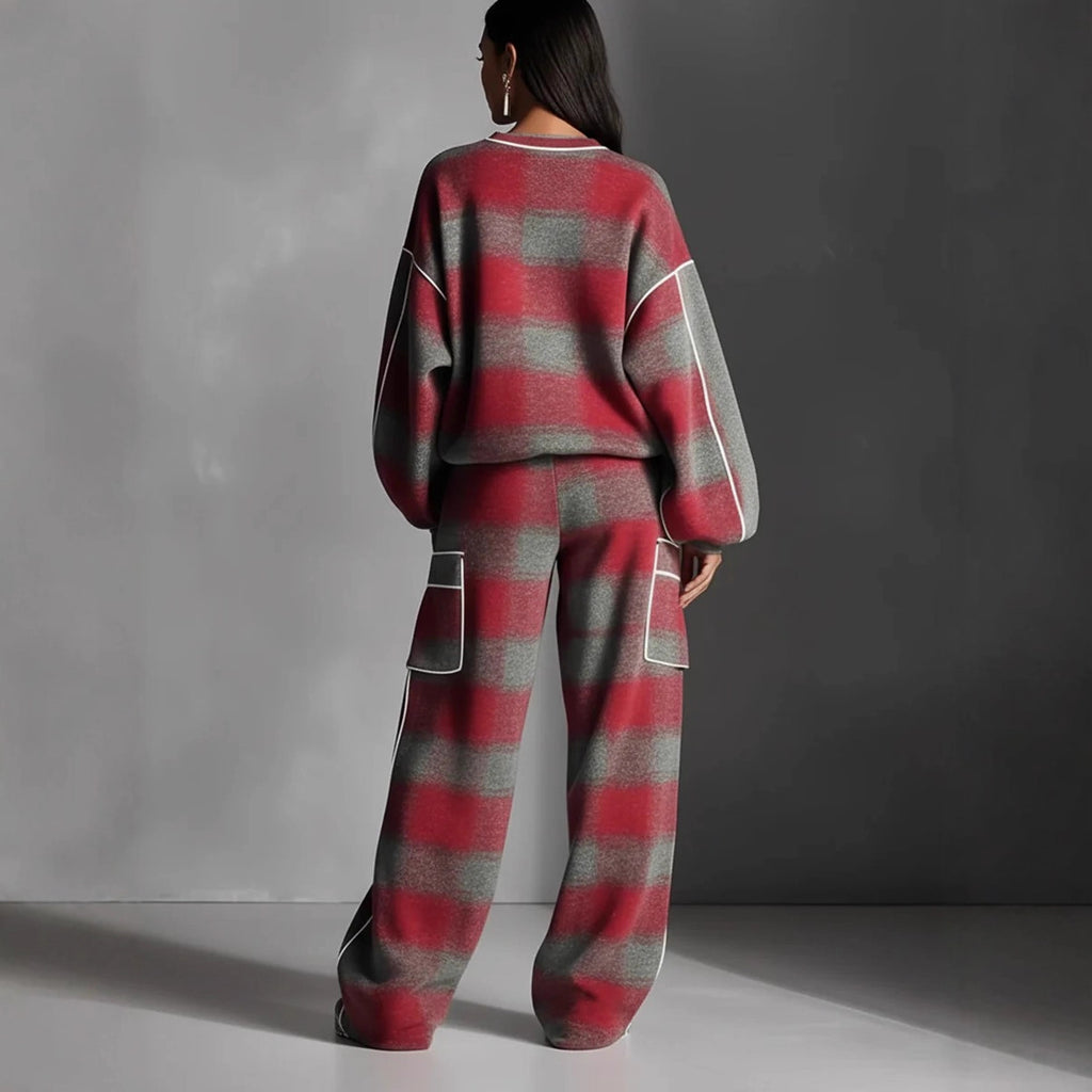Women's Independent Brand Street Style Distressed Plaid Pantsuit With Contrasting Piping