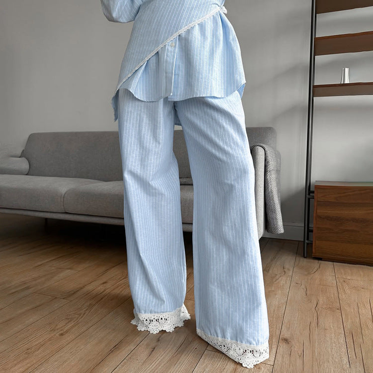 Patchwork Striped Lapel Long-sleeve Shirt Casual Wide-leg Pantsthree-piece Set