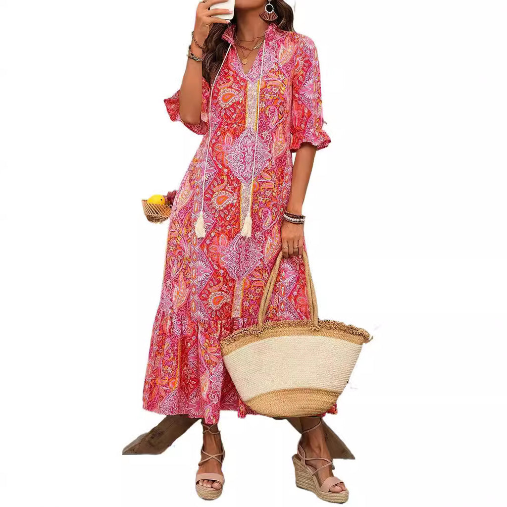 New Women's Fashion Printed Lace-up Mid-sleeve Ruffled Dress