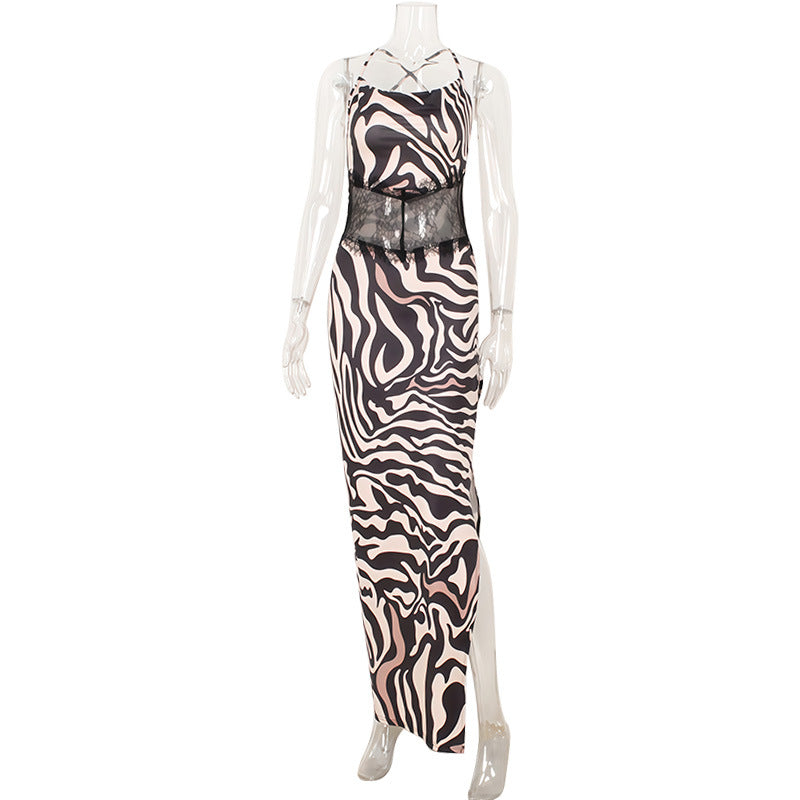 Fashionable Printed Patchwork Backless Slip Dress With Slit