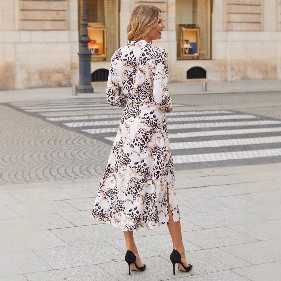 Women's Printed Buttoned Belt Slit Slim-fit Long-sleeve Dress