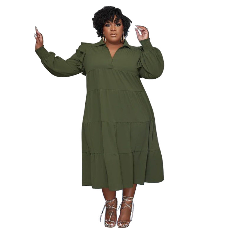 Women's Fashion Ruffle-Shoulder Long-Sleeve Layered Dress
