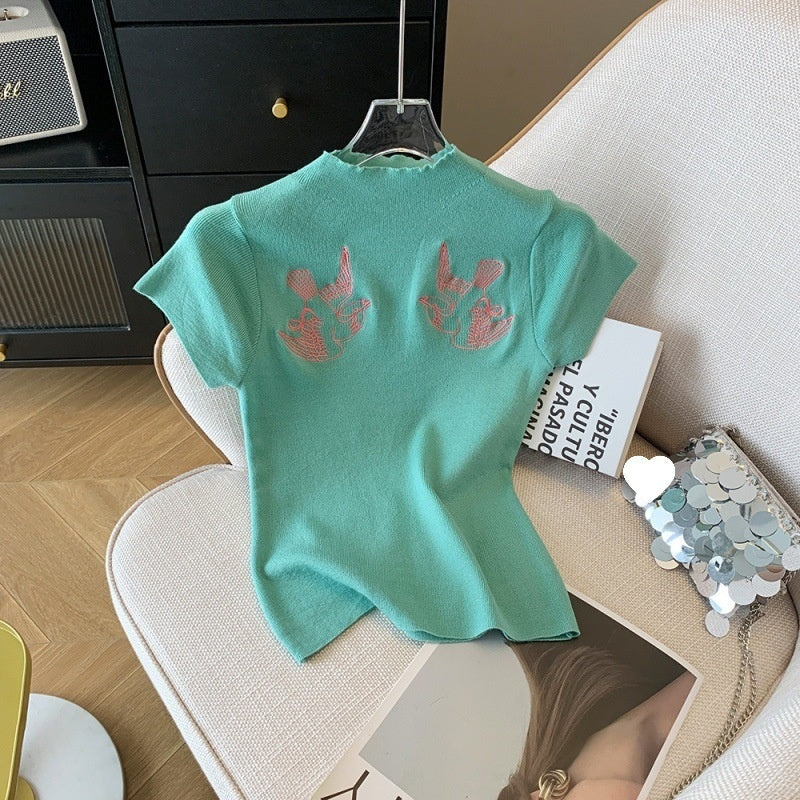 Fashionable Retro Embroidered Short-Sleeve T-Shirt Elegant Versatile Stand-Up Collar Cropped Top