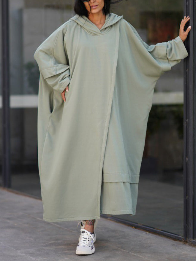 Sage Green Oversized Cape Dress With Hooded Design