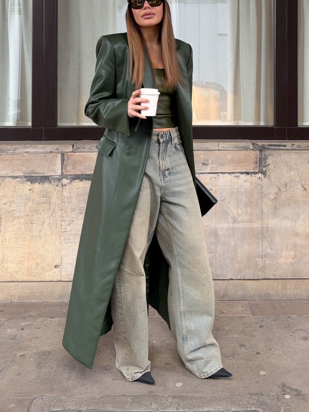 Olive Green Leather Maxi Trench Coat With Shoulder Pads