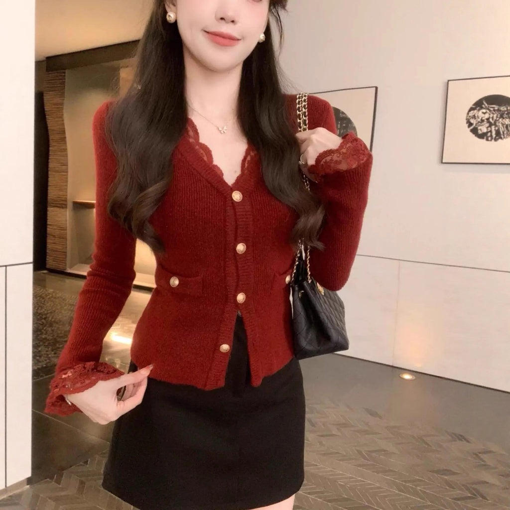 Elegant Lace V-neck Sweater With Golden Buttons