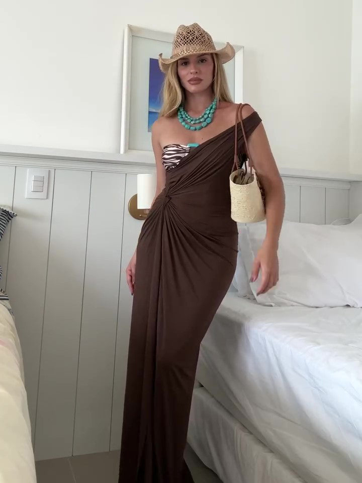 Solid Color Off-Shoulder Twist Slit Dress