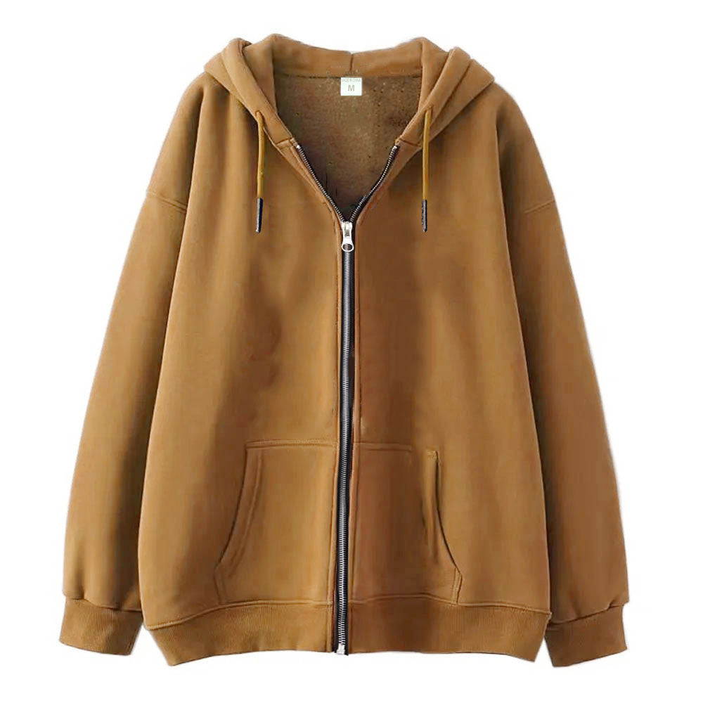 Full-zip Hoodie With Fleece-lined Solid-color Sweatshirt