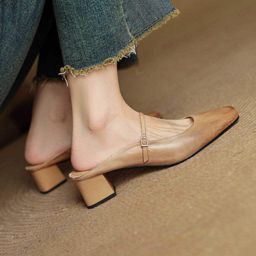 Retro Chunky Heel Peep-toe Slingback French Single-strap Slip-on Mid-heel Sandals