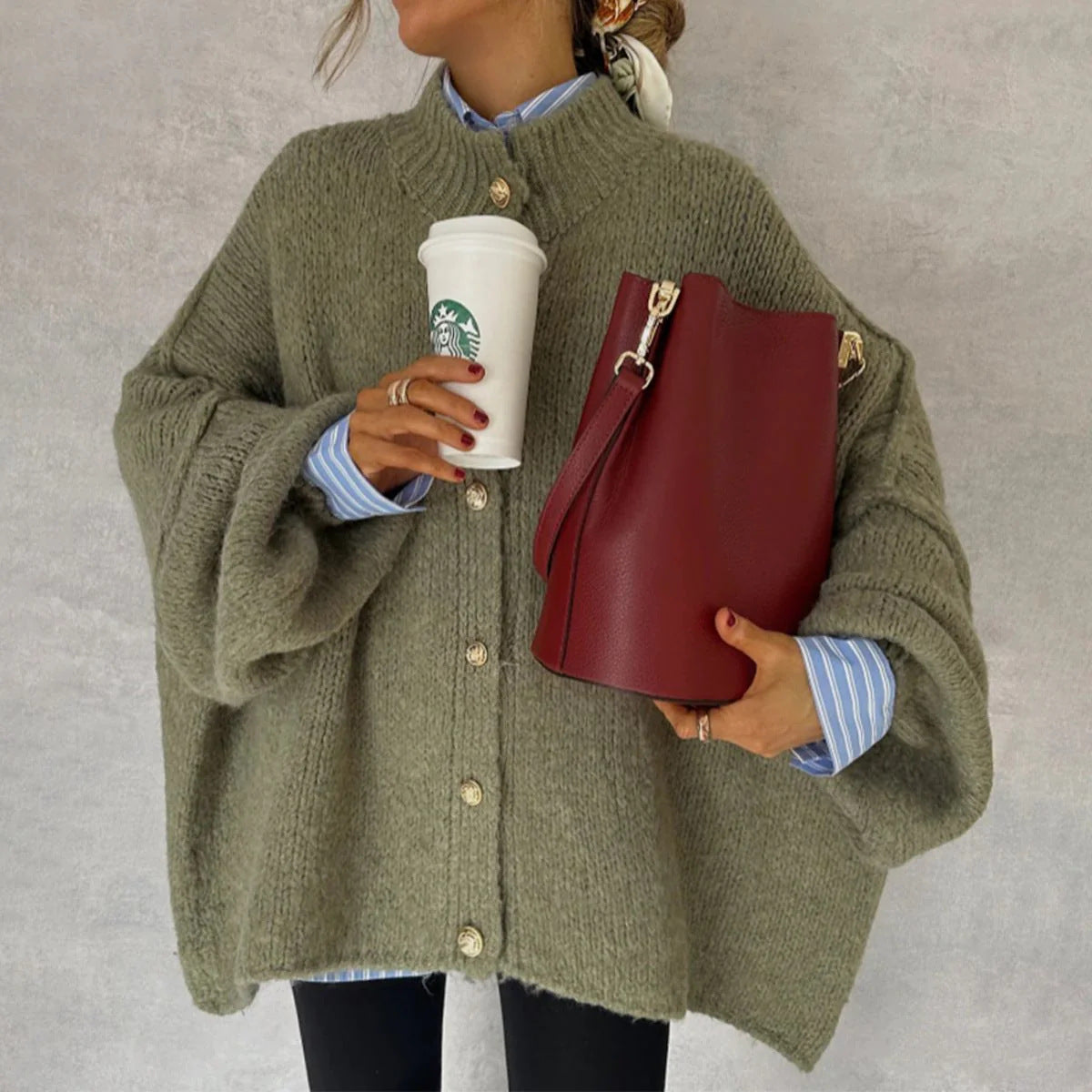 Autumn Winter Solid-Color Casual Knitted Cardigan With Buttons And Oversized Sleeves