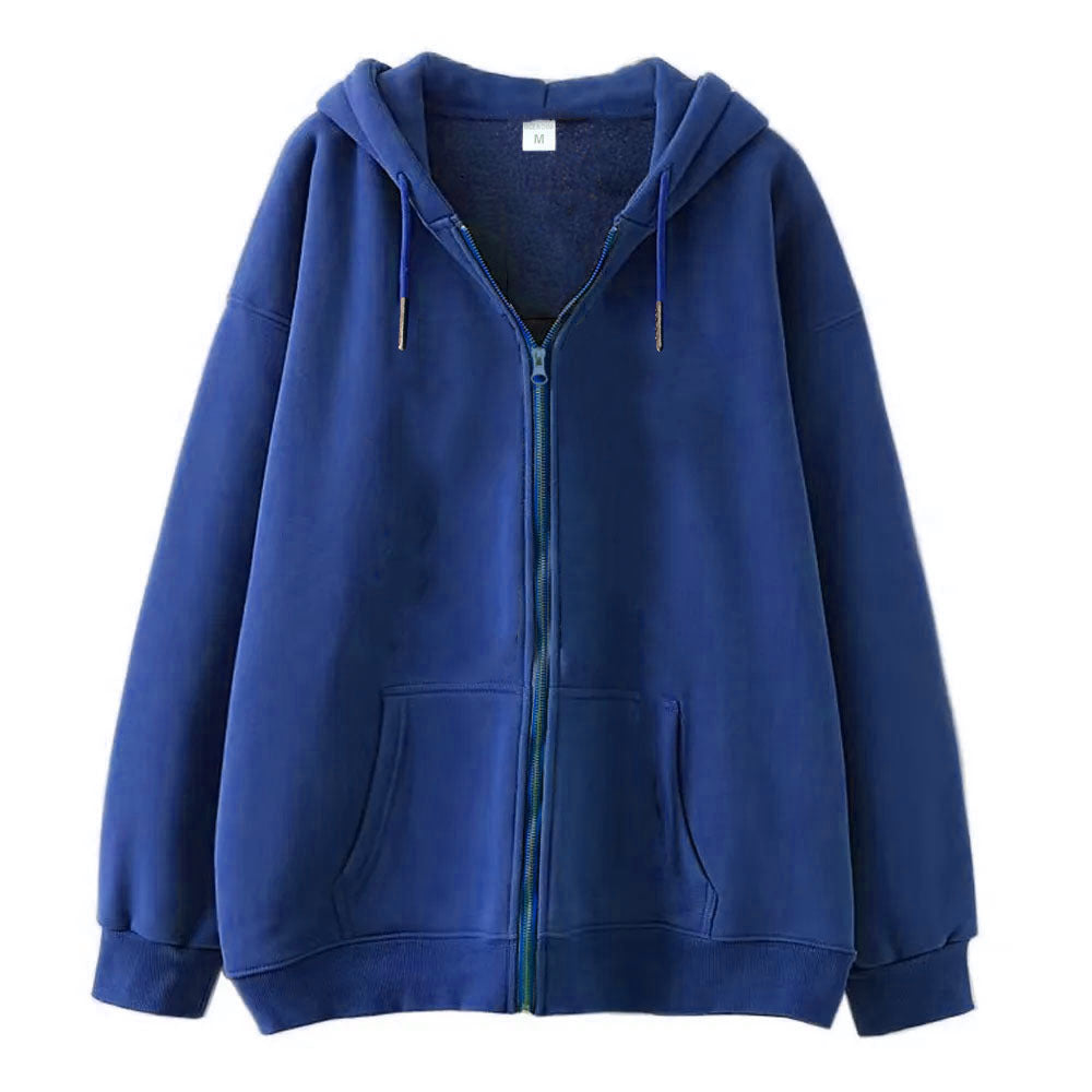 Full-zip Hoodie With Fleece-lined Solid-color Sweatshirt