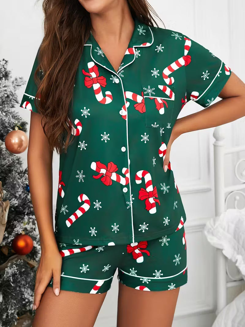 Cute Cartoon Pajama Set With A Turn-down Collar Short Sleeves