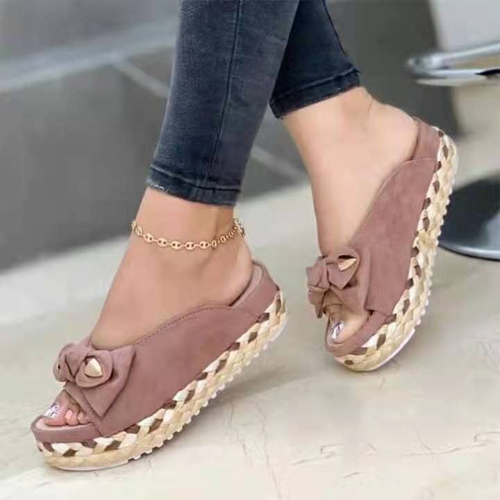 Ladies Platform Casual Roman Bow Slippers