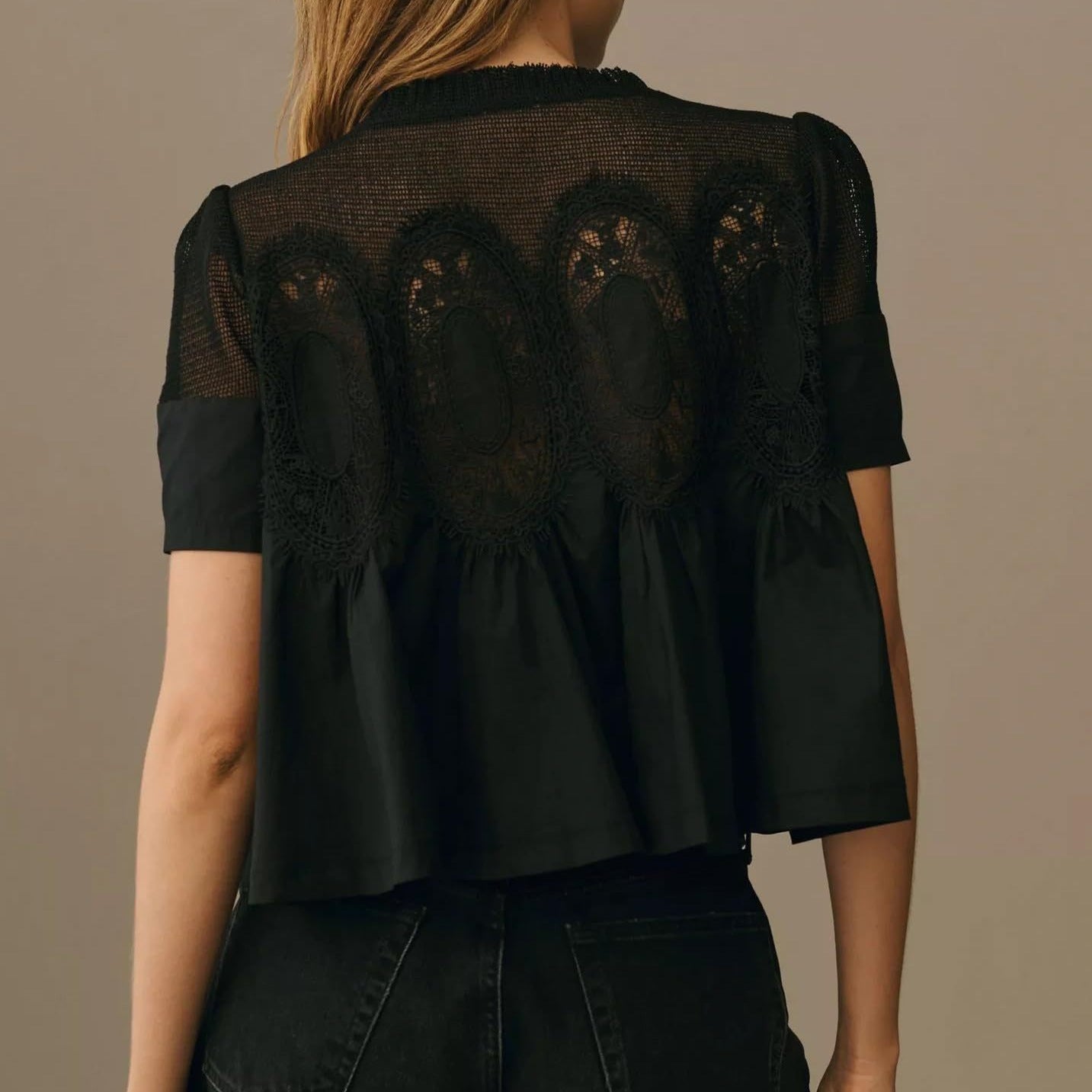 Women's Fashionable Lace-trimmed Crew-neck Embroidered Solid-color Loose Top