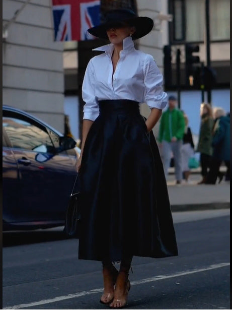Solid Color Long-sleeved Shirt & High-waisted Skirt Suit