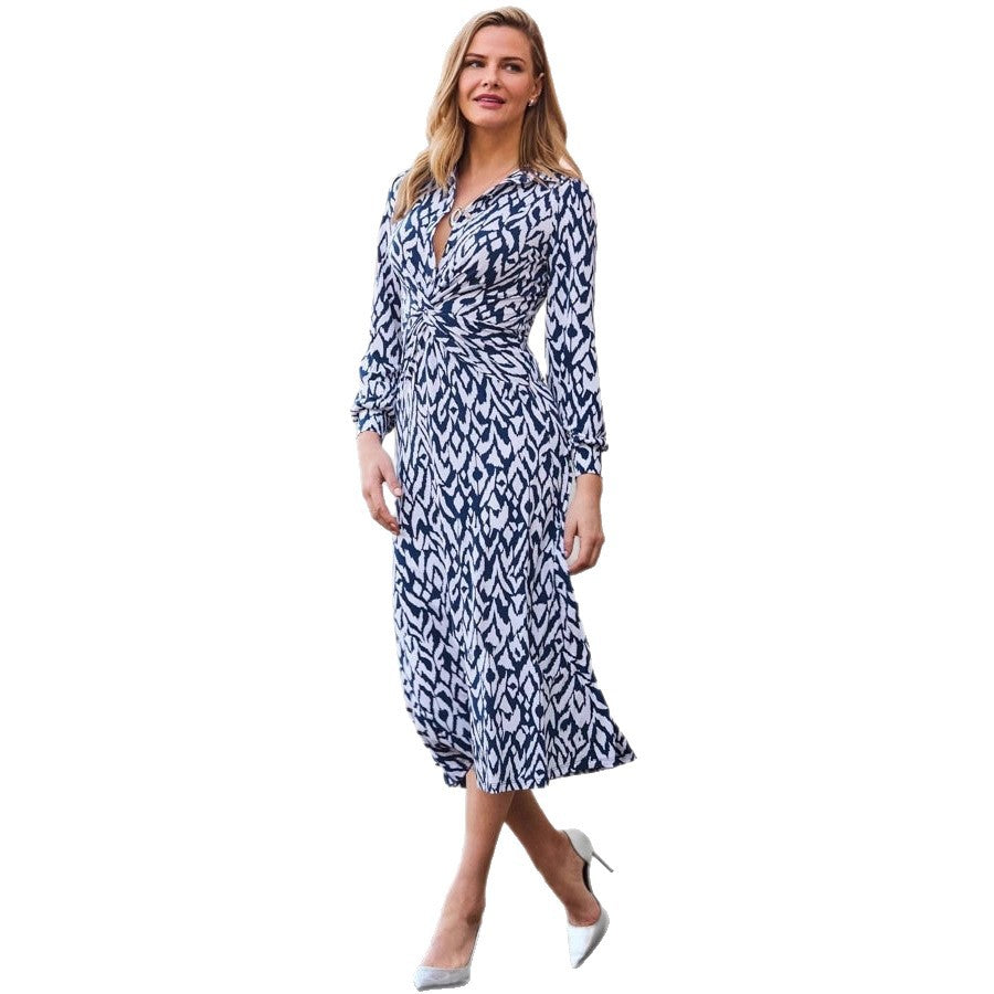 Printed-button Knot-detail Figure-hugging Long-sleeve Dress For Fall And Winter