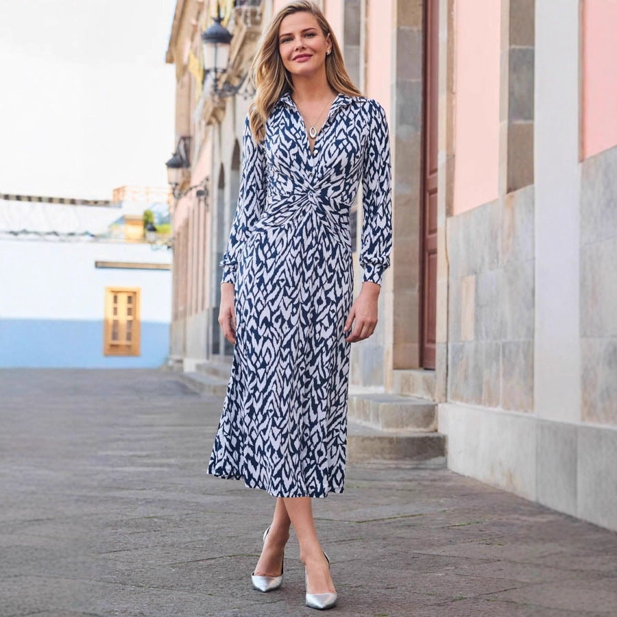 Printed-button Knot-detail Figure-hugging Long-sleeve Dress For Fall And Winter