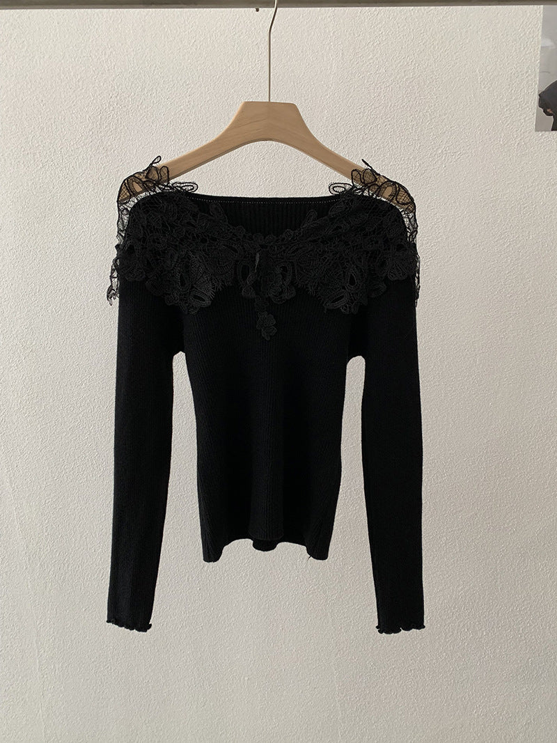 Hollow-out Lace Patchwork V-neck Knitted Sweater For Women, New AutumnWinter Style