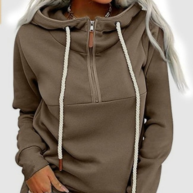 Front Middle Zipper Plus Velvet Hooded Sweater