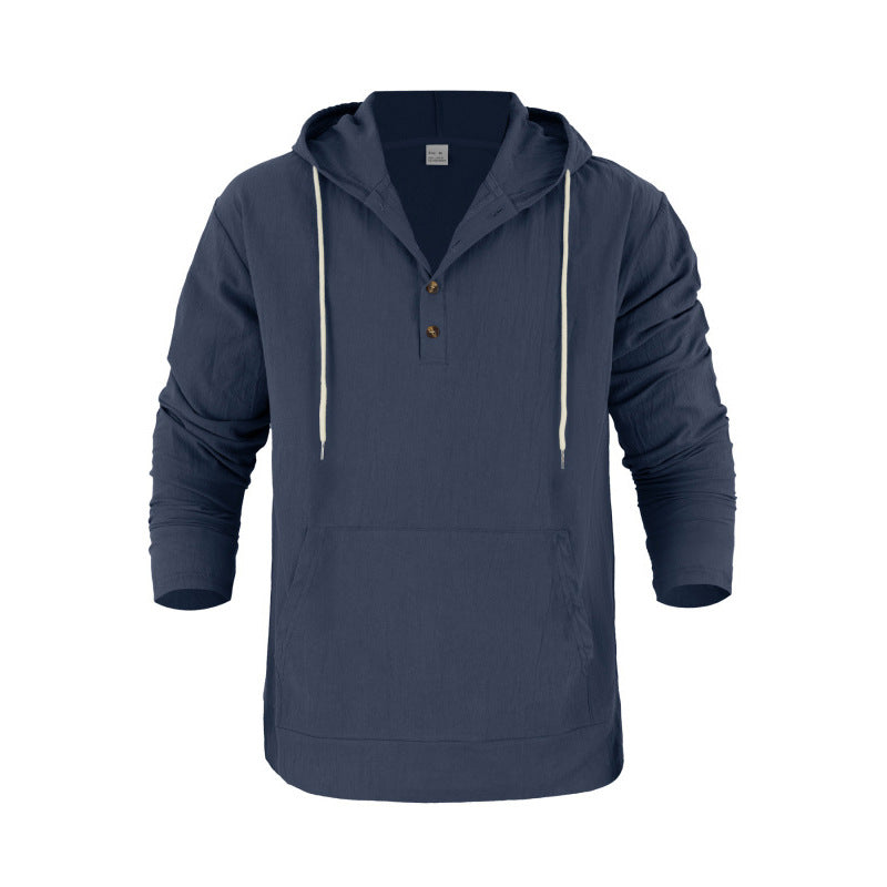 Hooded Long-sleeve Henley T-shirt With Large Pockets