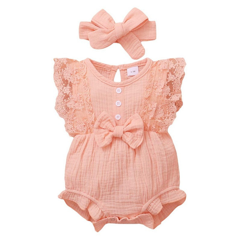 Infant And Toddler GirlsCandy-colored Lace Romper With Bib