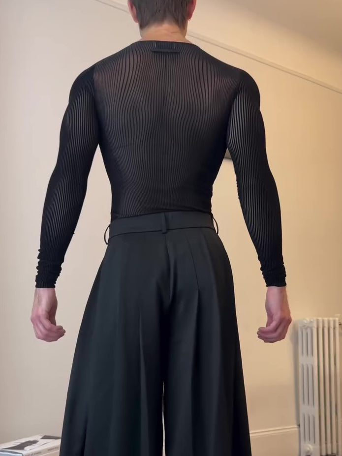 Black Mesh Long-Sleeve Top With Sheer Design