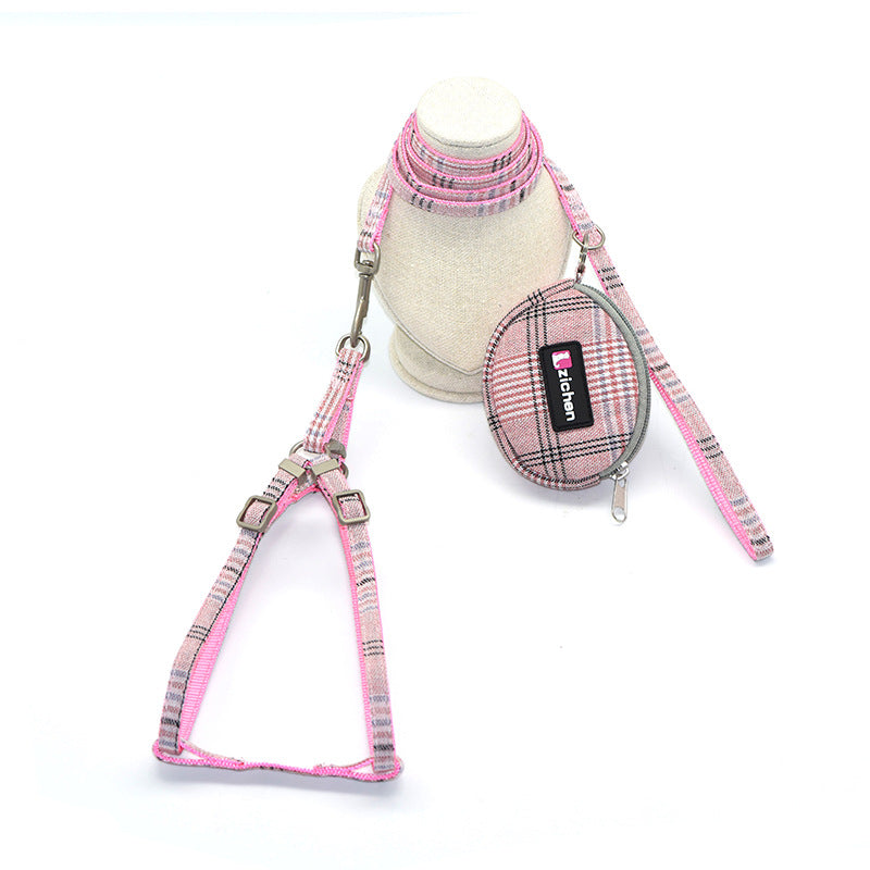 Cotton plaid pet leash collar with snack bag