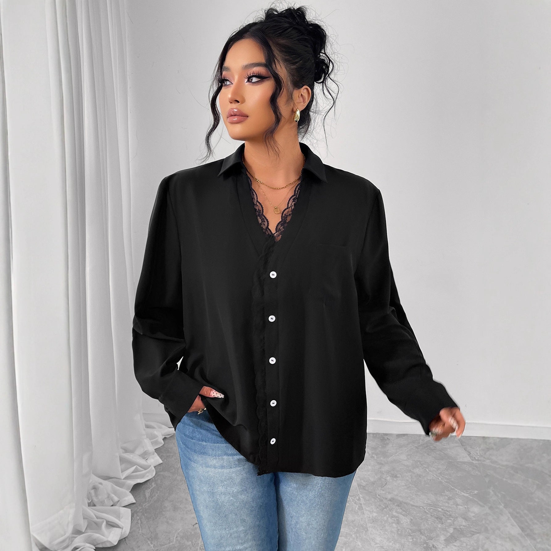 French Style Black Lace Shirt With Black Buttons