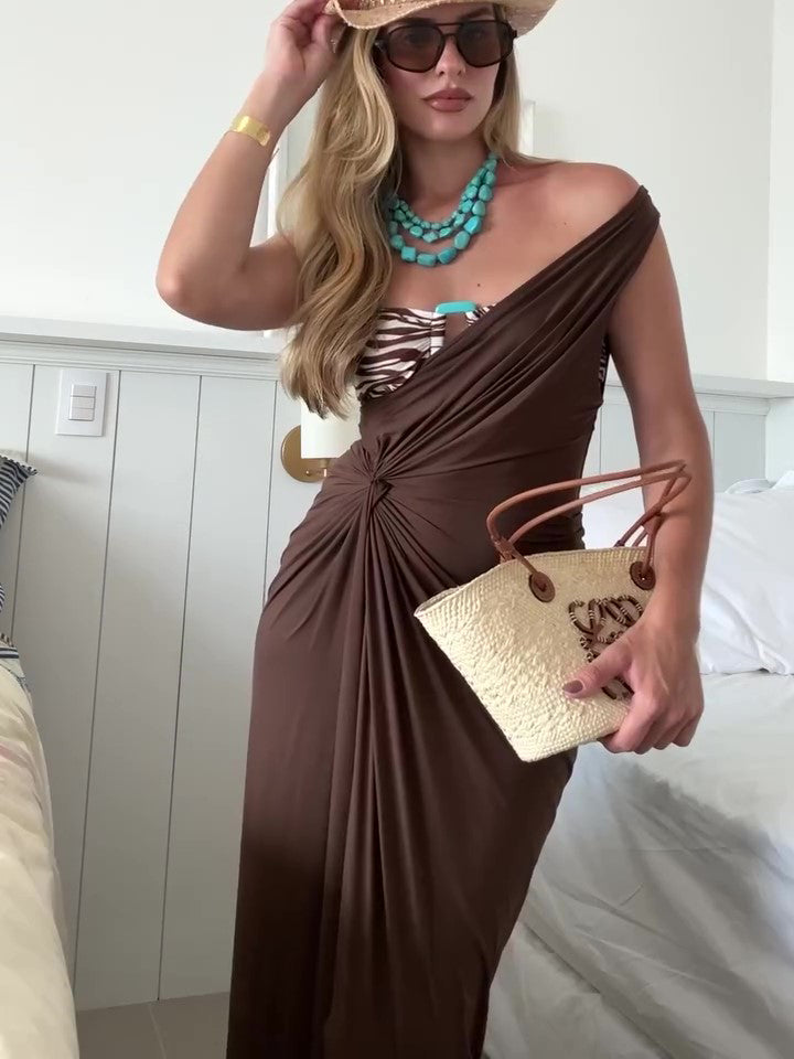 Solid Color Off-Shoulder Twist Slit Dress