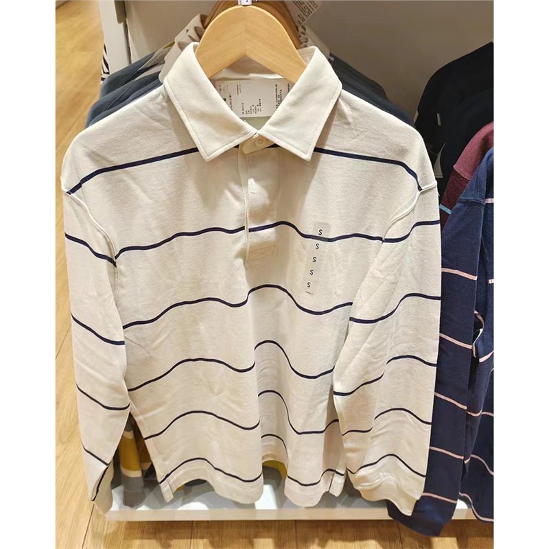 Casual Polo Shirt Long-sleeve Loose-fit Striped T-shirt
