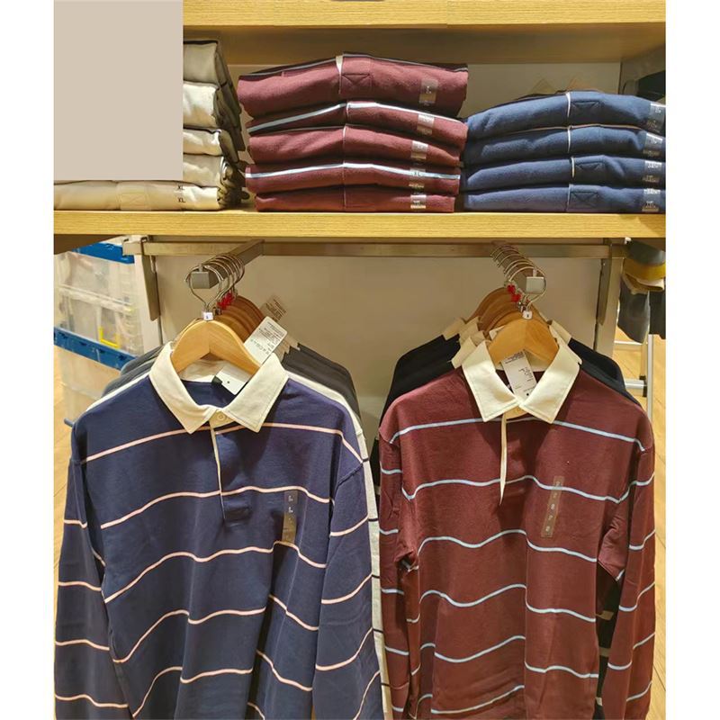 Casual Polo Shirt Long-sleeve Loose-fit Striped T-shirt