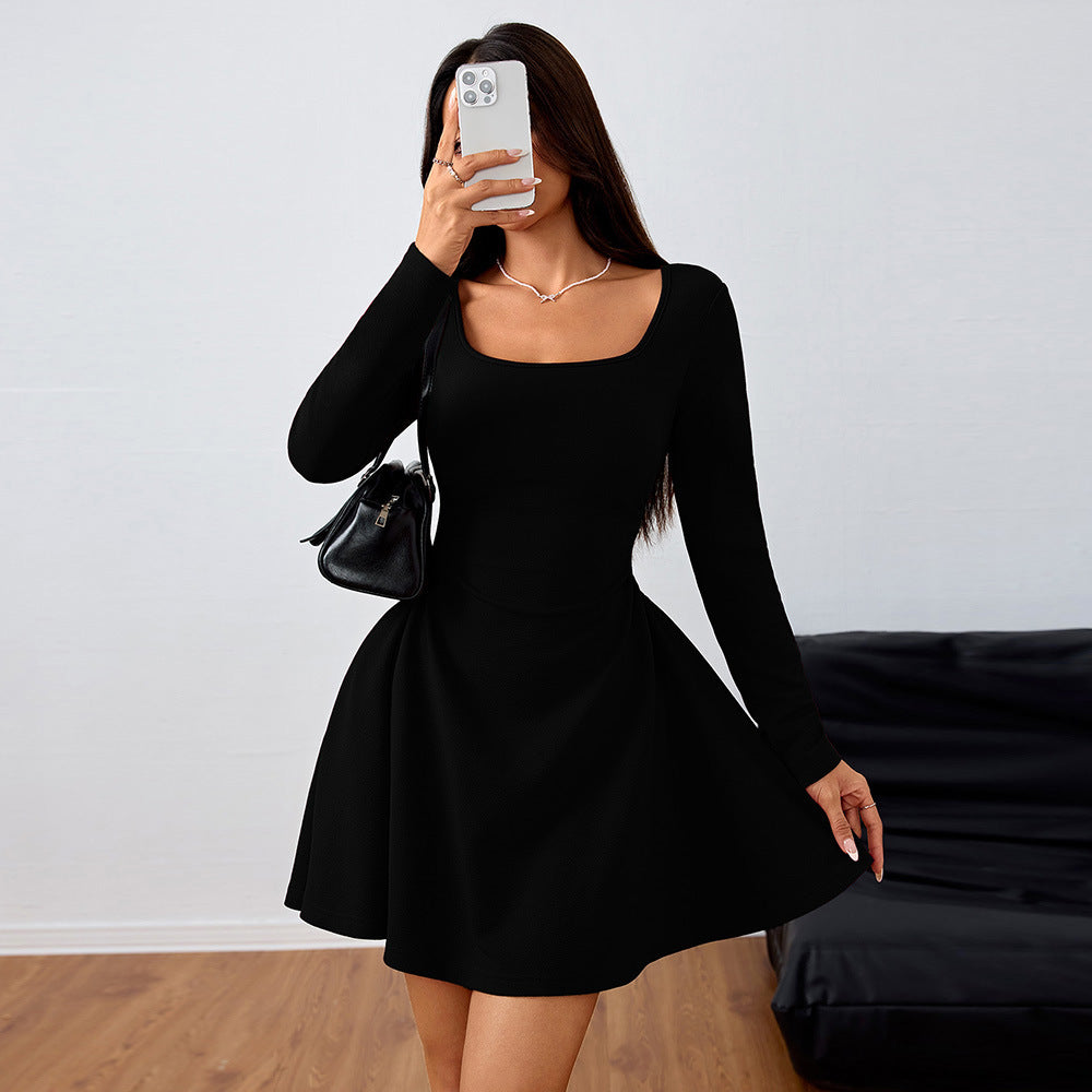 Elegant Square-neck Dress With A High-waisted Designer-style Wine-red Hue