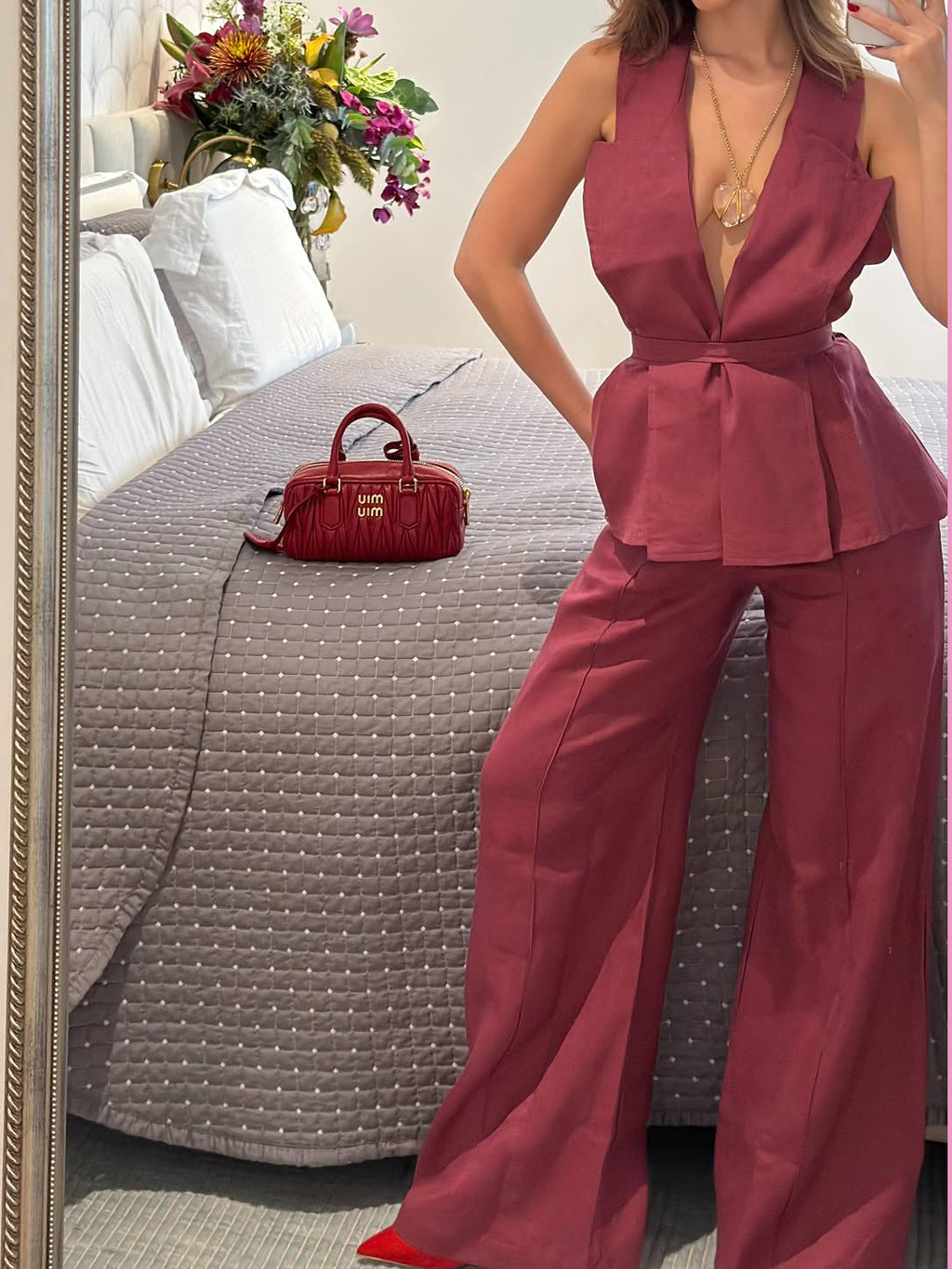 Deep V Sleeveless Top Cotton And Linen High Waist Pants Suit