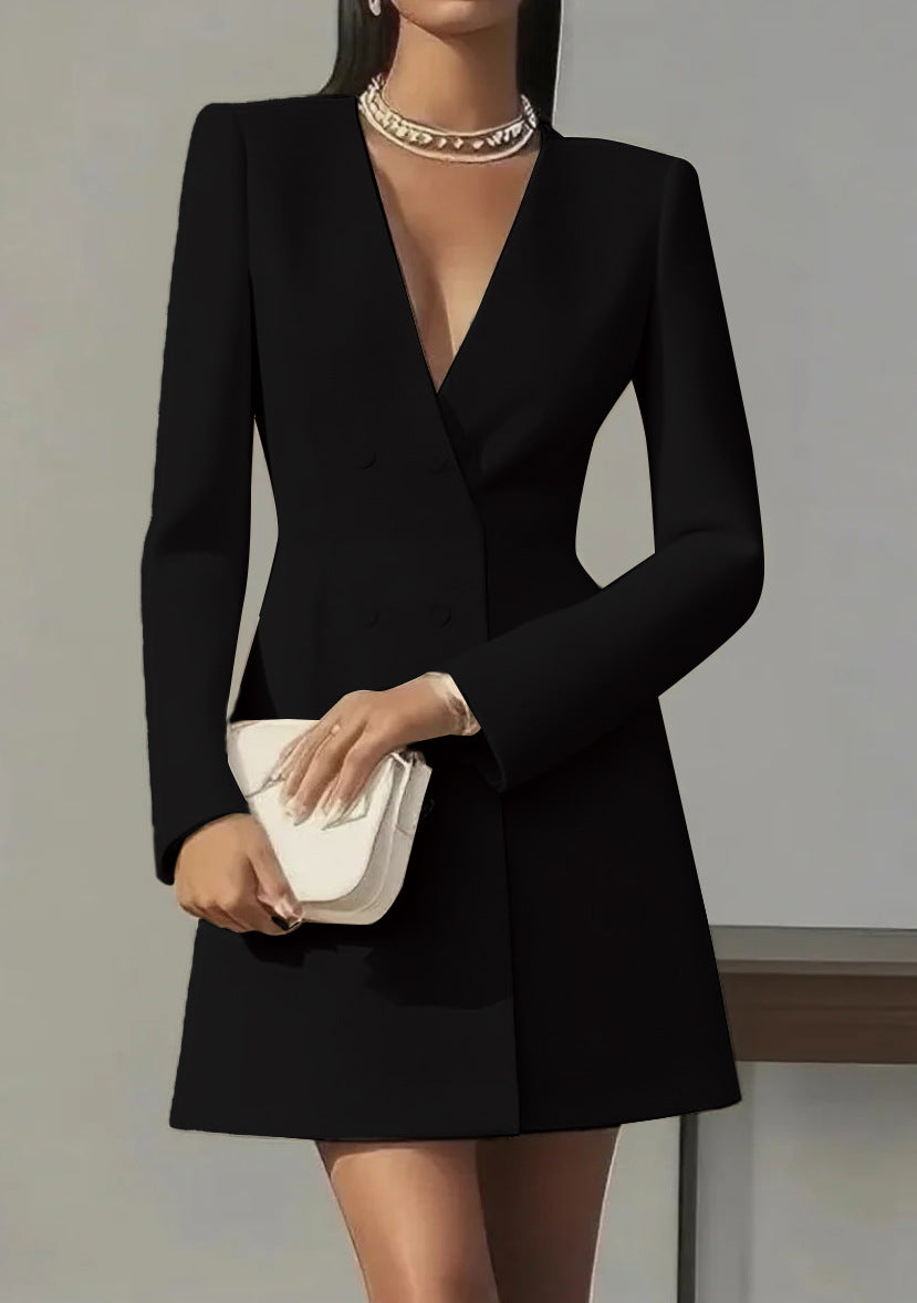 Solid-color V-neck Suit-style French Dress For Women
