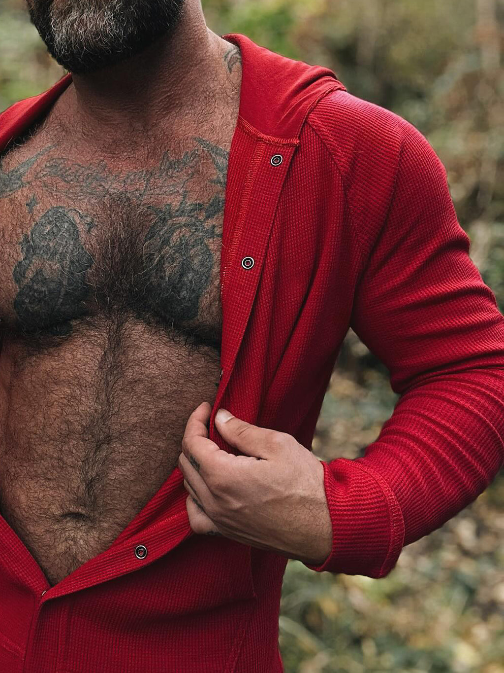 Red Hooded Button - Front Onesie